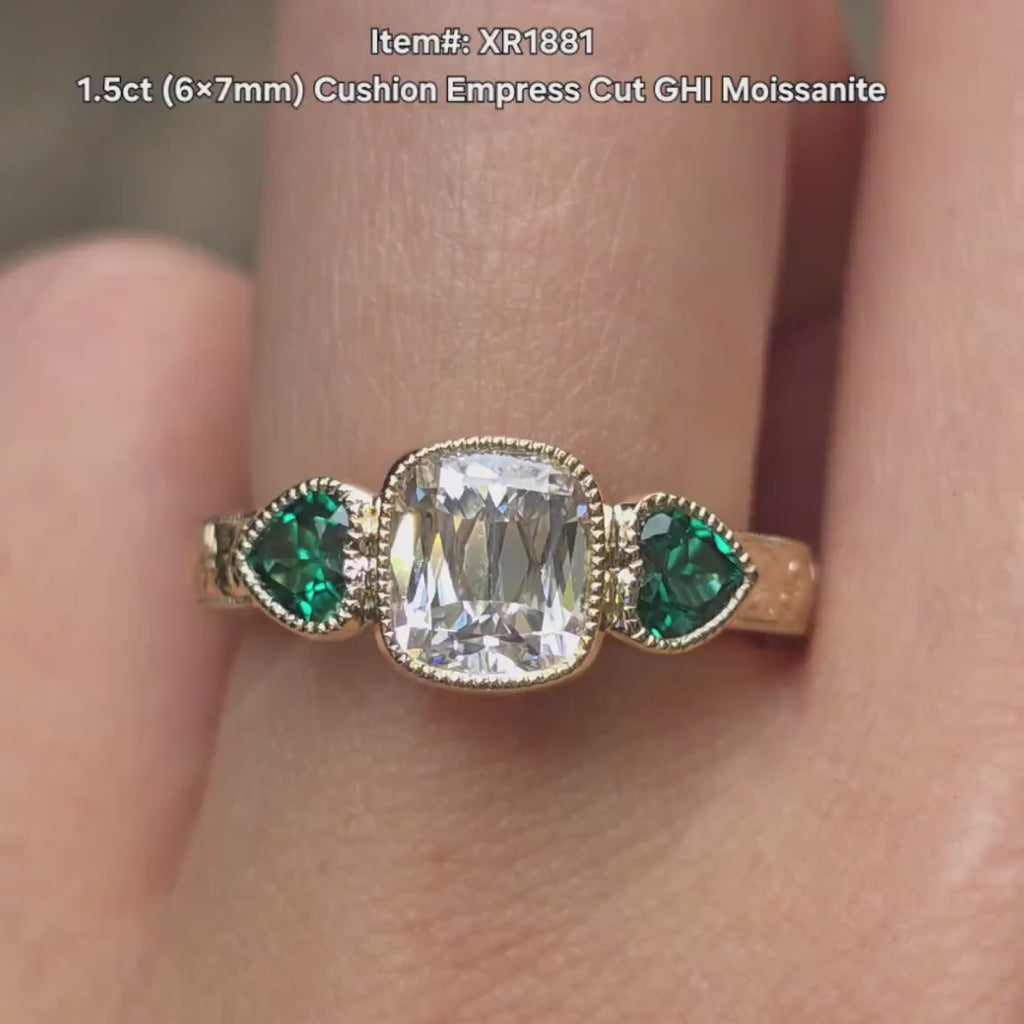 DovEggs empress cut bezel carved vintage with heart zambia emerald stones engagement ring video