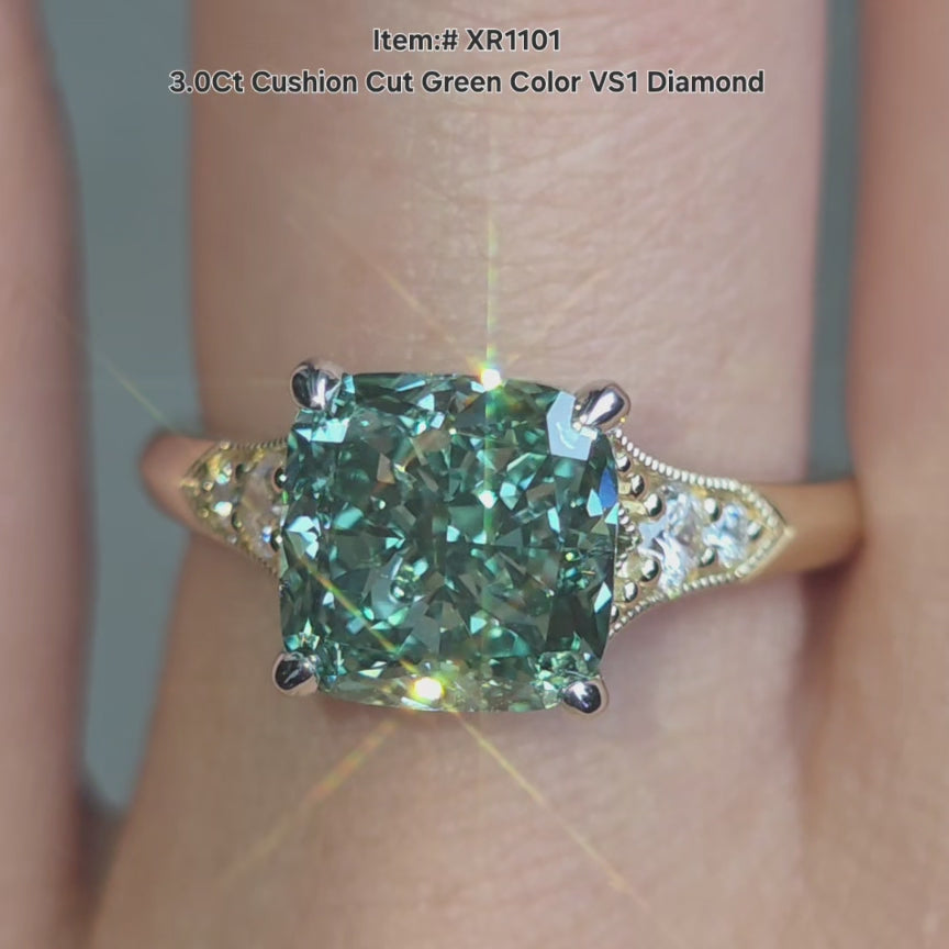 DovEggs cushion green diamond ring sparkling in natural light video