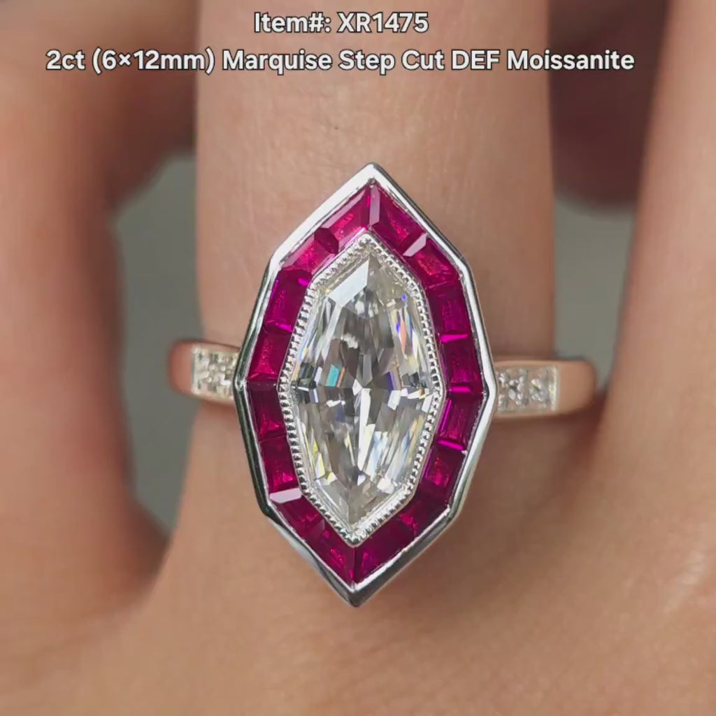 DovEggs marquise halo bezel with ruby sapphire stones moissanite engagement ring video
