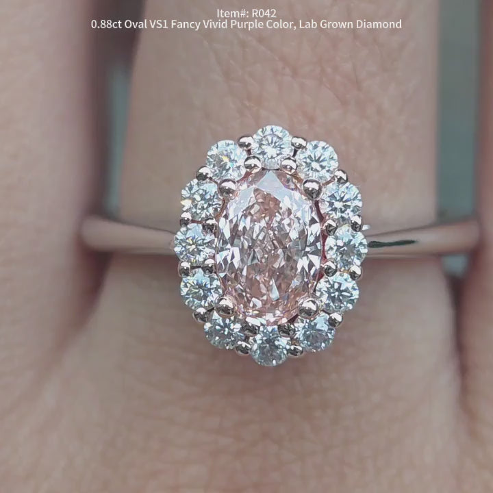DovEggs 0.88ct Oval Fancy Vivid Purple Lab Grown Diamond Ring – Halo Engagement Ring for Women
