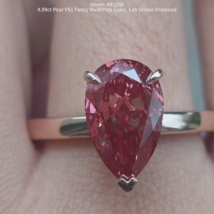 DovEggs 4.99ct Pear Shaped Lab Grown Diamond Ring – Fancy Pink Solitaire Engagement Ring for Women
