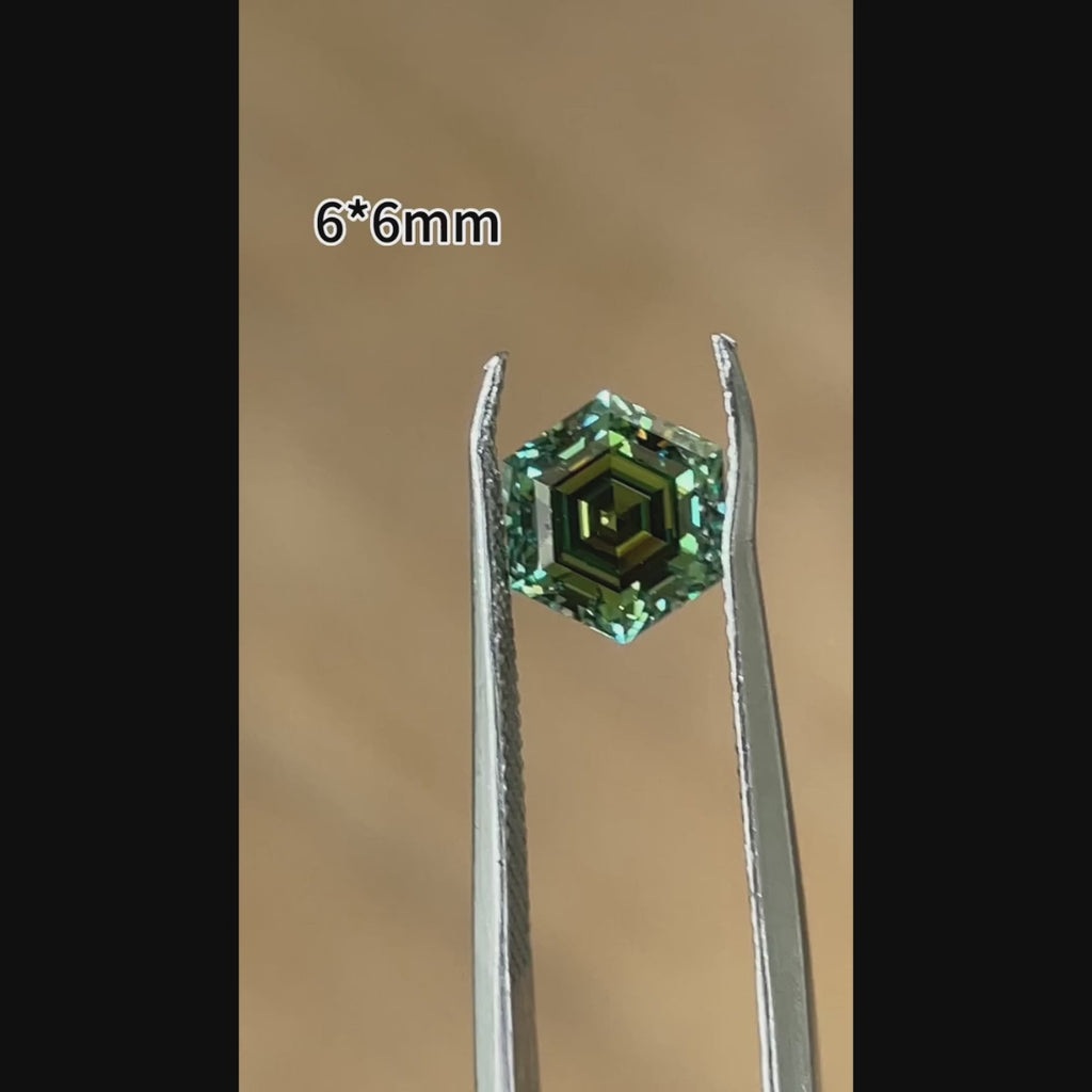 Doveggs hexagon 1ct accident color vivid green moissanite loose stone video