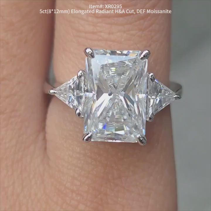 Doveggs radiant tieh triangle three-stone moissanite engagement ring video