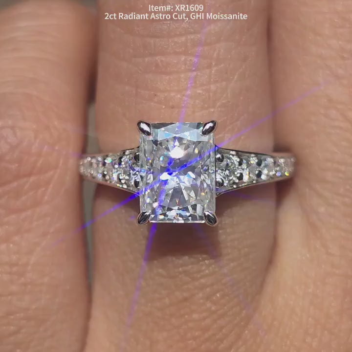 DovEggs radiant half eternity pave moissanite engagement Ring video in sunlight