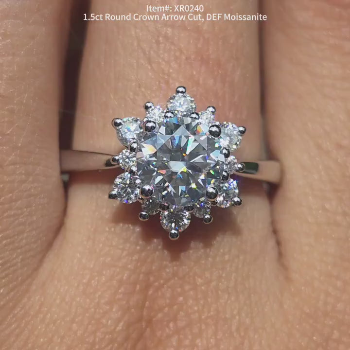 DovEggs round flower shape round moissanite engagement ring video in sunlight