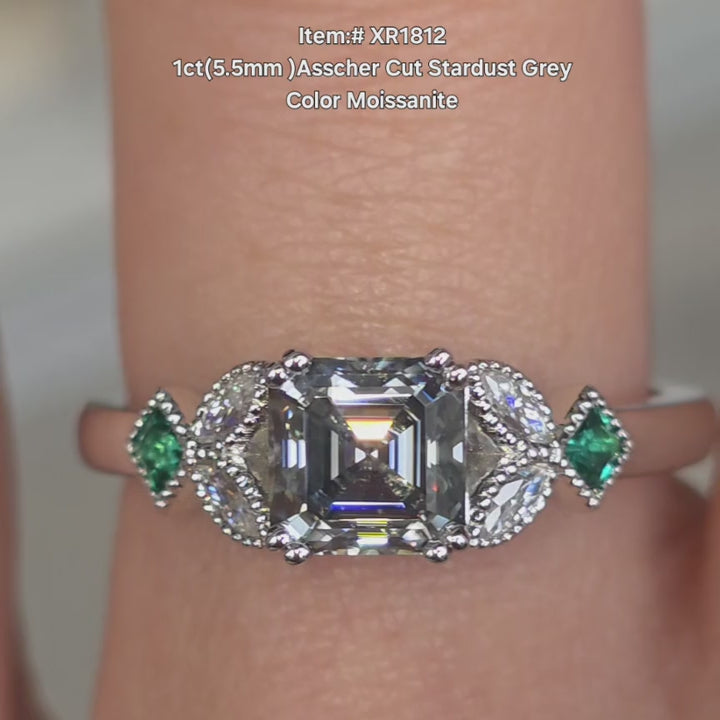 DovEggs 1ct Stardust iGrey Asscher cut moissanite ring sparkling in sunlight video.