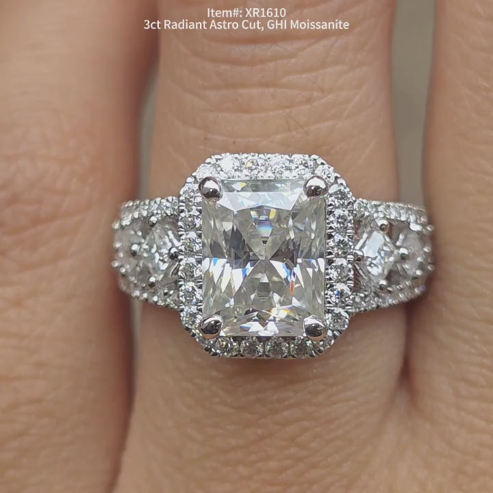 DovEggs 3ct radiant Astro cut moissanite ring sparkling on hand video