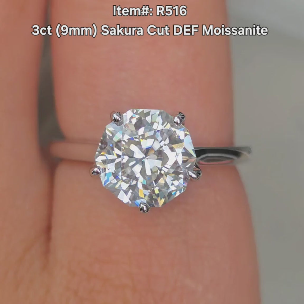DovEggs Sakura cut moissanite ring with claw prongs on hand video