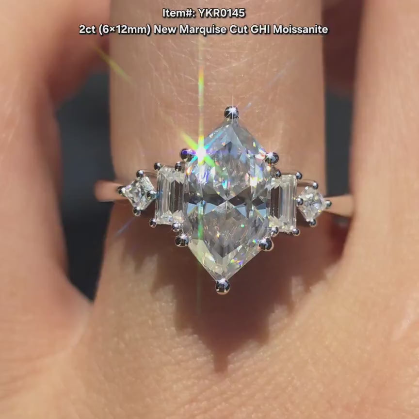 Doveggs new Marquise cut side stones moissanite engagement ring video in sunlight