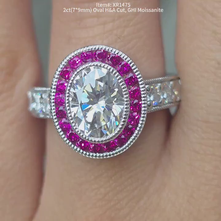 DovEggs oval moissanite with halo vivid pigeon blood ruby sapphire engagement ring video