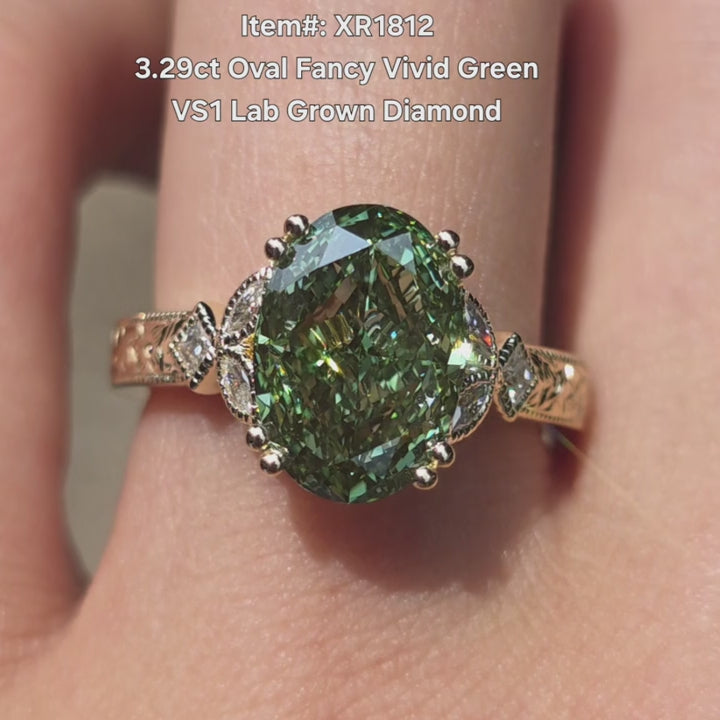 DovEggs 3.29ct Oval Shaped Lab Grown Diamond Ring – Fancy vivid Green Engagement Ring for Women
