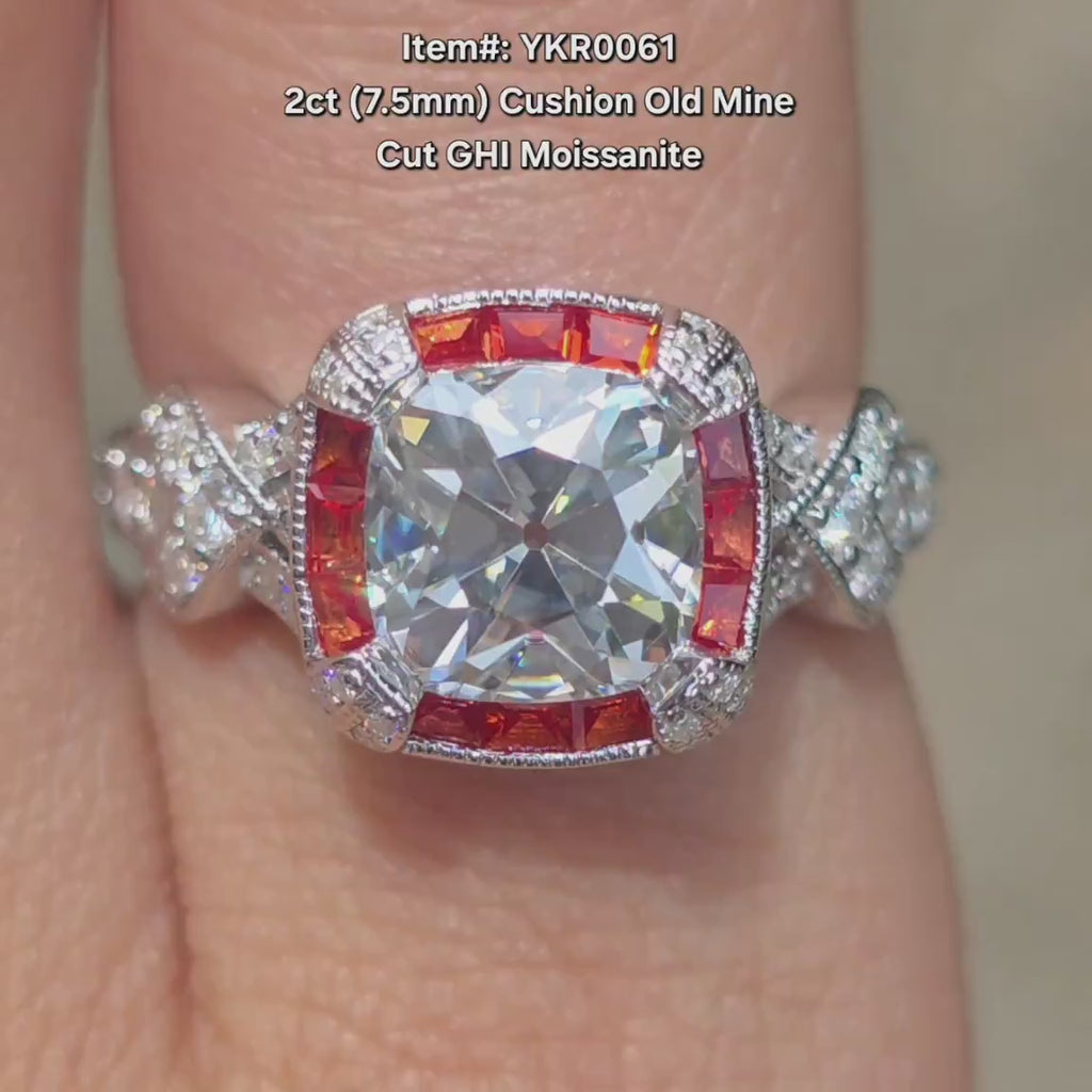 DovEggs OMC square cushion moissanite with orange sapphire engagement ring video