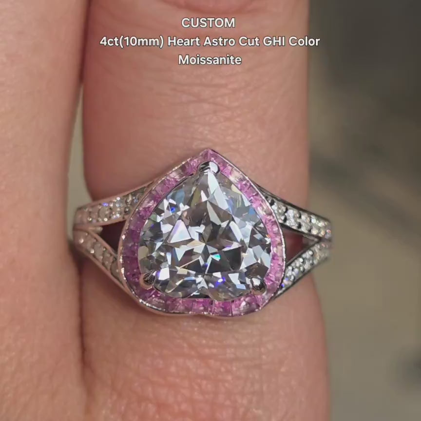 DovEggs heart astro cut moissanite with pink sapphire halo engagement ring