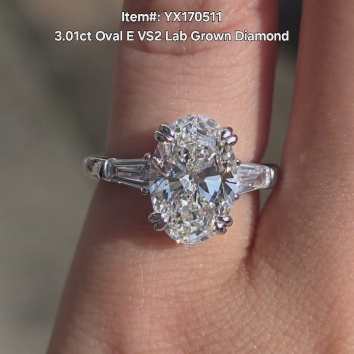DovEggs 3.01ct Oval Shaped Lab Grown Diamond Ring – Oval Brilliant cut Three Stones Engagement Ring for Women
