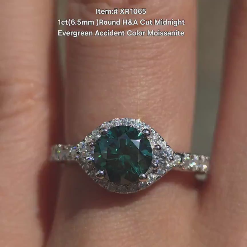 DovEggs halo round midnight evergreen accident color moissanite engagement ring in sunlight