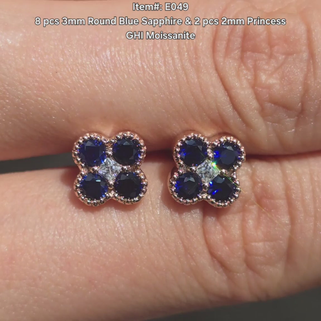 DovEggs round blue sapphire gemstones princess moisasnite earring sparkling in sunlight video