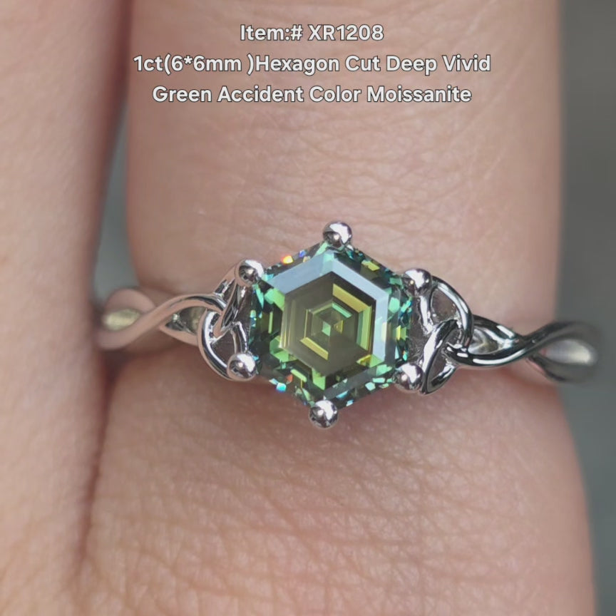 DovEggs hexagon cutaccident color moissanite ring sparkling in natural light video