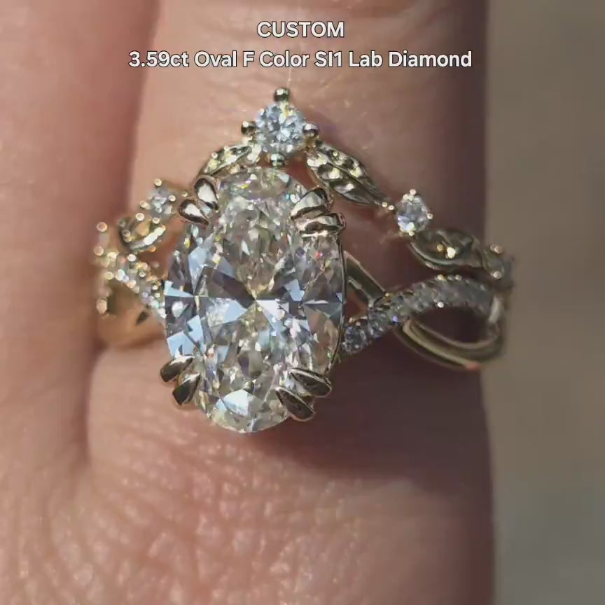 DovEggs Oval vine & leaf pave lab grown diamond engagement ring in sunlight