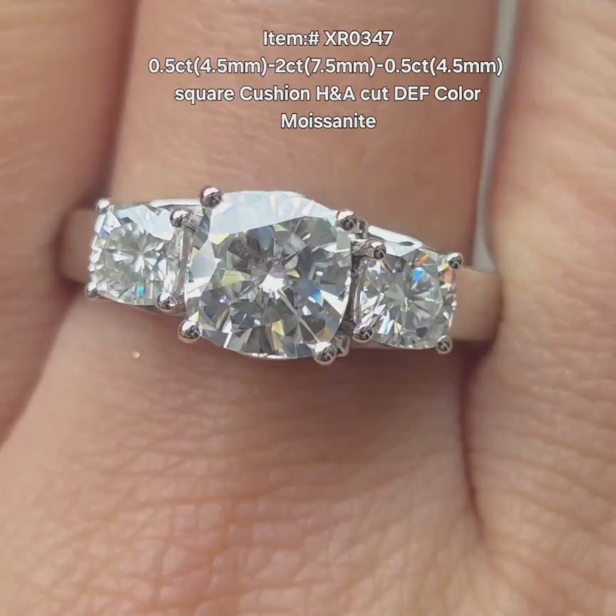 DovEggs three stones square cushion moissanite engagement ring