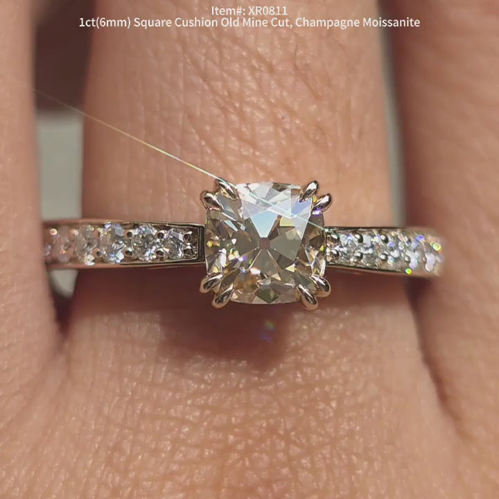 DovEggs Square Cushion Old Mine Cut moissanite ring sparkling in sunlight video