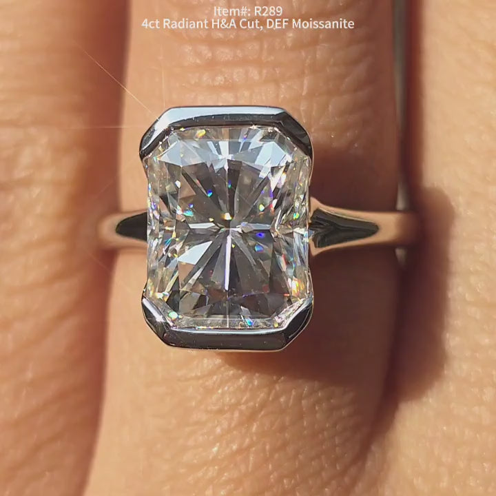 DovEggs 4ct Radiant H&A cut  moissanite engagement ring on hand video