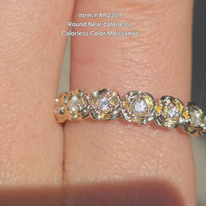 DovEggs round moissanite half eternity rose wedding band on hand video.