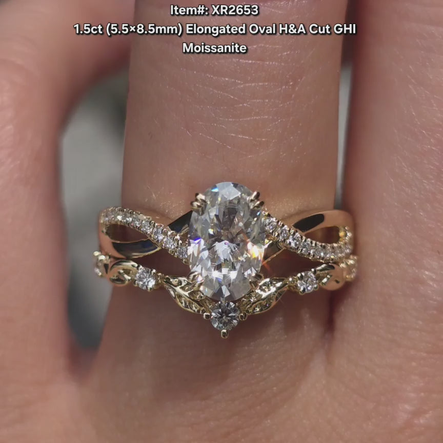 DovEggs Elongated Oval H&A cut moissanite engagement ring sparkling in sunlight video.