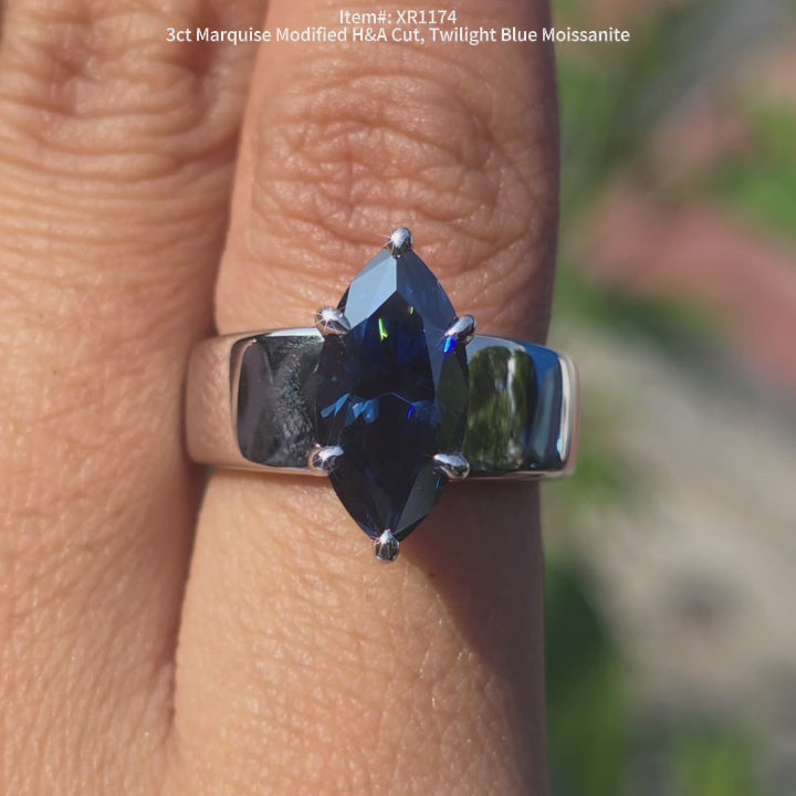 DovEggs Marquise H&A cut Twilight blue moissanite ring sparkling on-hand video.