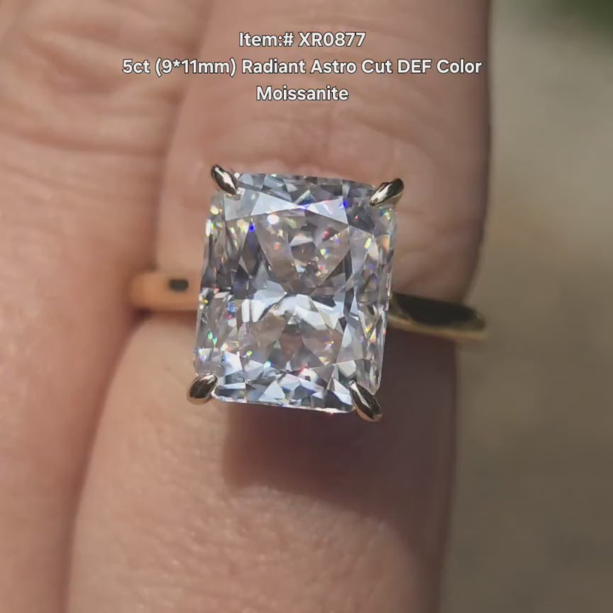 DovEggs radiant astro cut DEF moissanite engagement ring in sunlight
