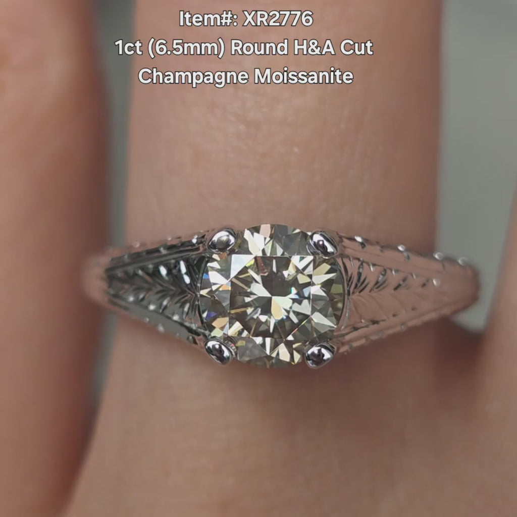 DovEggs Round Champagne moissanite ring sparkling on hand video.