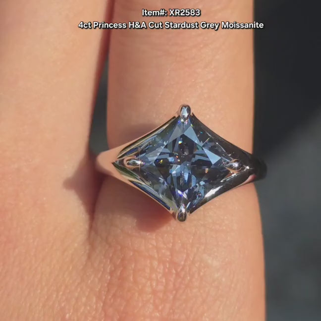 Princess solitaire split shanks stardust grey moissanite engagement ring video in sunlight