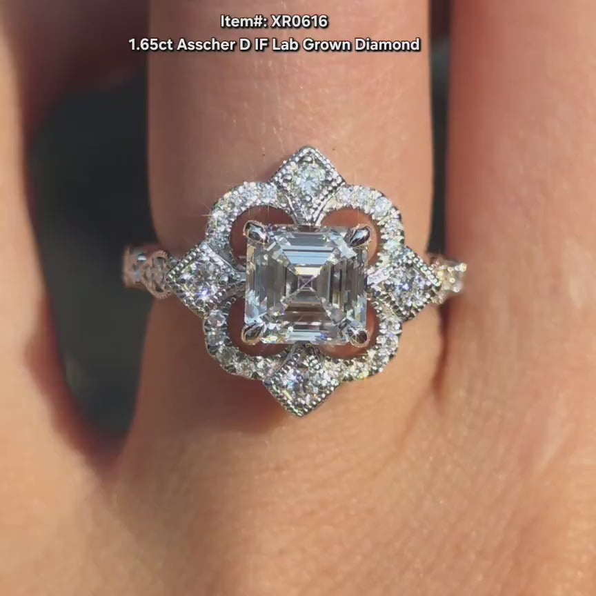 DovEggs asscher lab diamond floral engagement ring video in sunlight