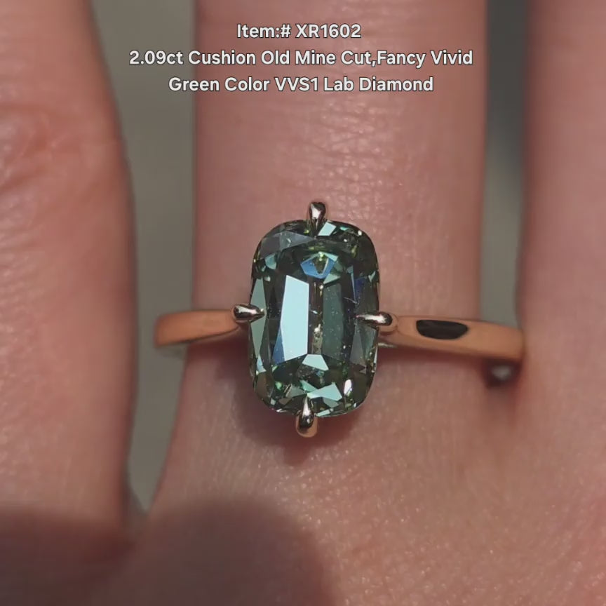 DovEggs Old Mine Cut Fancy Vivid Green Cushion lab diamond ring sparkling in sunlight video