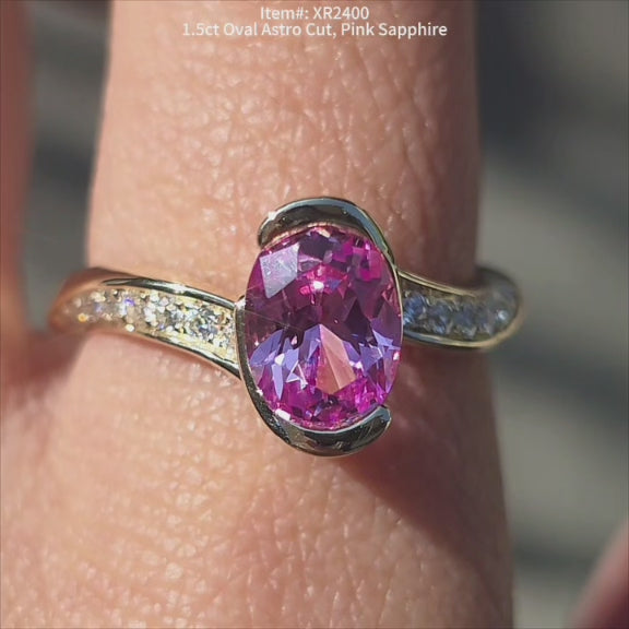 Oval pave twisted ring arm colored gem engagement ring in sunlight