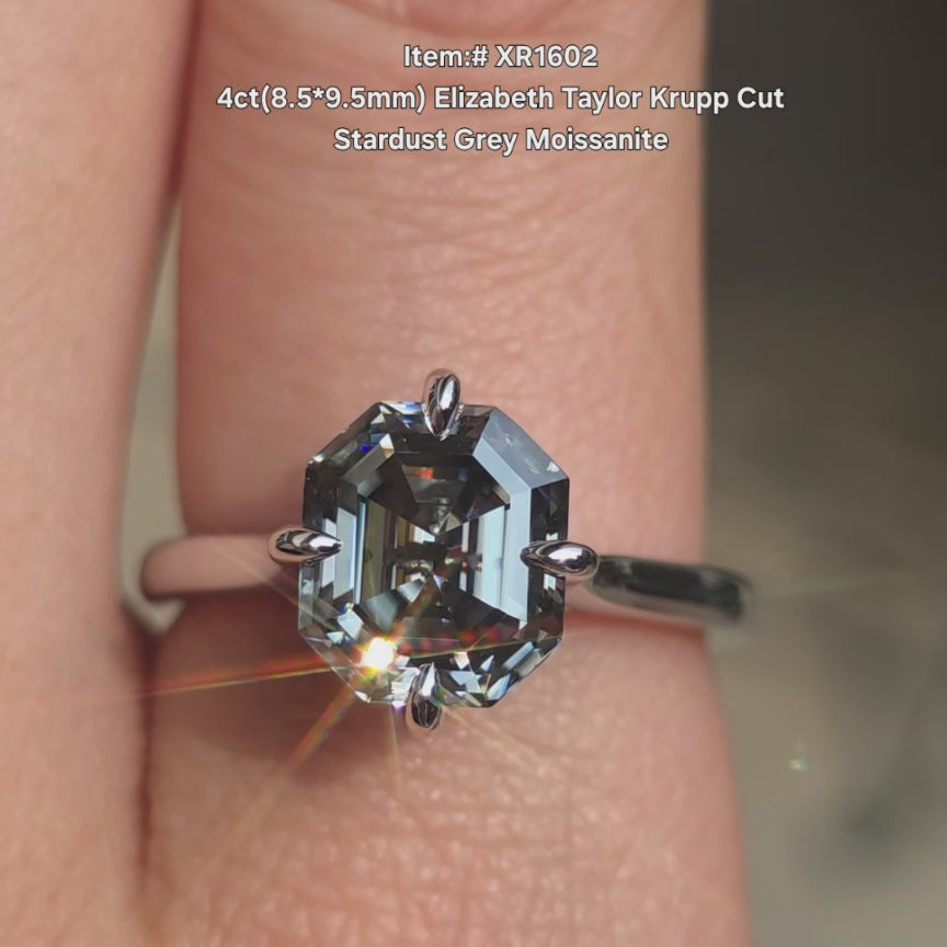 DovEggs krupp cut stardust grey color moissanite ring sparkling in sunlight video.