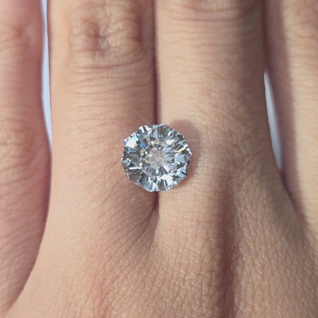 Lab diamond 3.20ct modified Sakura cut F color VS1 by DovEggs hand modeled in warm indoor light.