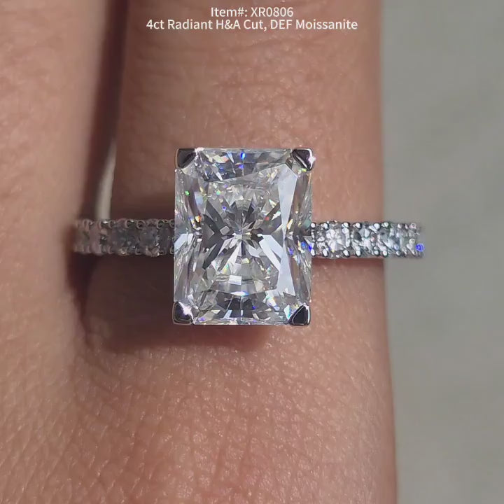 DovEggs radiant half eternity pave moissanite ring video in sunlight