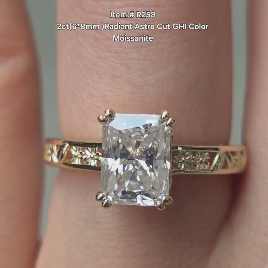 DovEggs radiant astro cut solitaire carved moissanite engagement ring