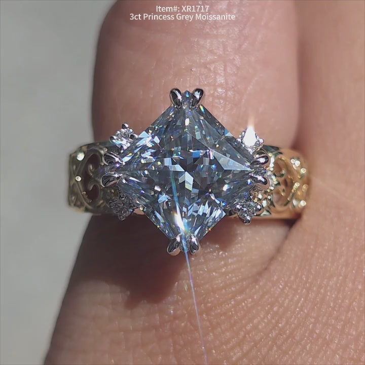  DovEggs 3ct princess Grey moissanite ring sparkling in sunlight video.