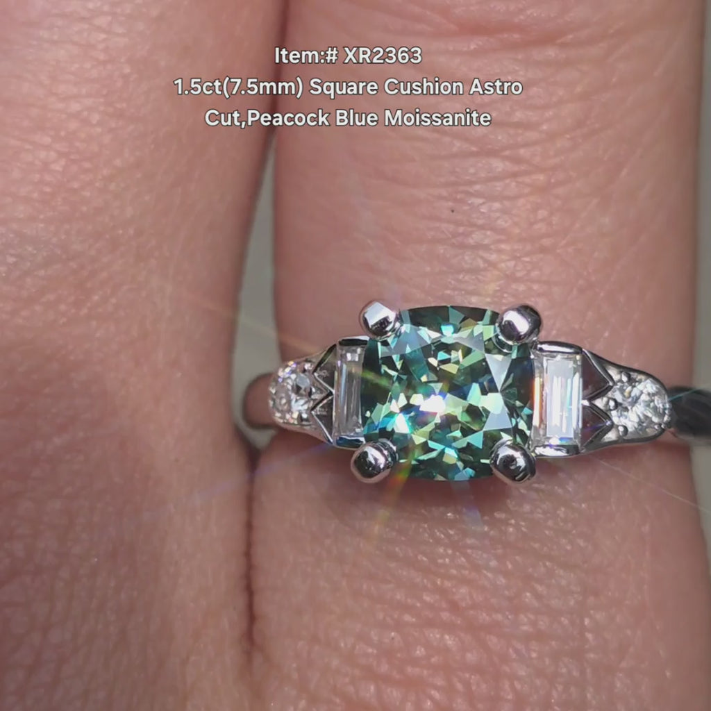 DovEggs Astro Cushion Peacock Blue moissanite ring sparkling in sunlight video