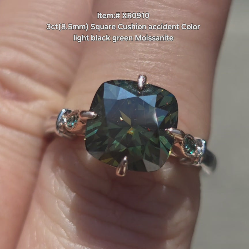 3ct(8.5mm) Square Cushion Accident Color Light Black Green Moissanite
