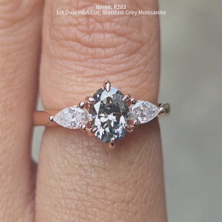 DovEggs 1ct  Oval Stardust Grey Moissanite  Ring – Three stones Engagement Ring for Women
