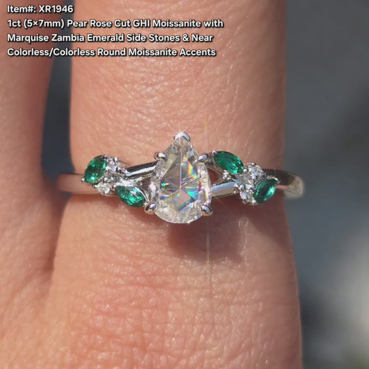 DovEggs Pear rose cut moissanite engagement ring sparkling in sunlight video.