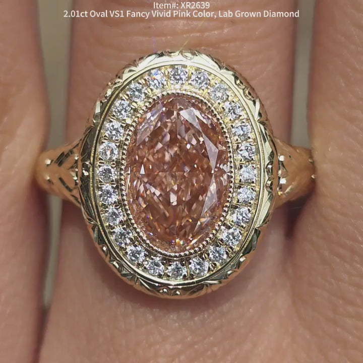 DovEggs 2.01ct Oval Fancy Vivid Pink Lab Grown Diamond Ring – Halo Bezel Engagement Ring for Women
