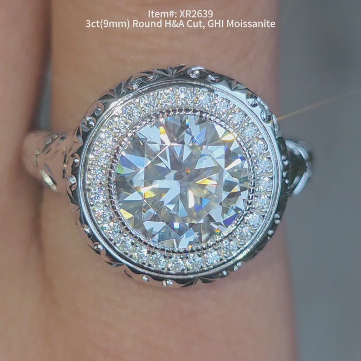 DovEggs round halo carved art deco moissanite engagement ring video