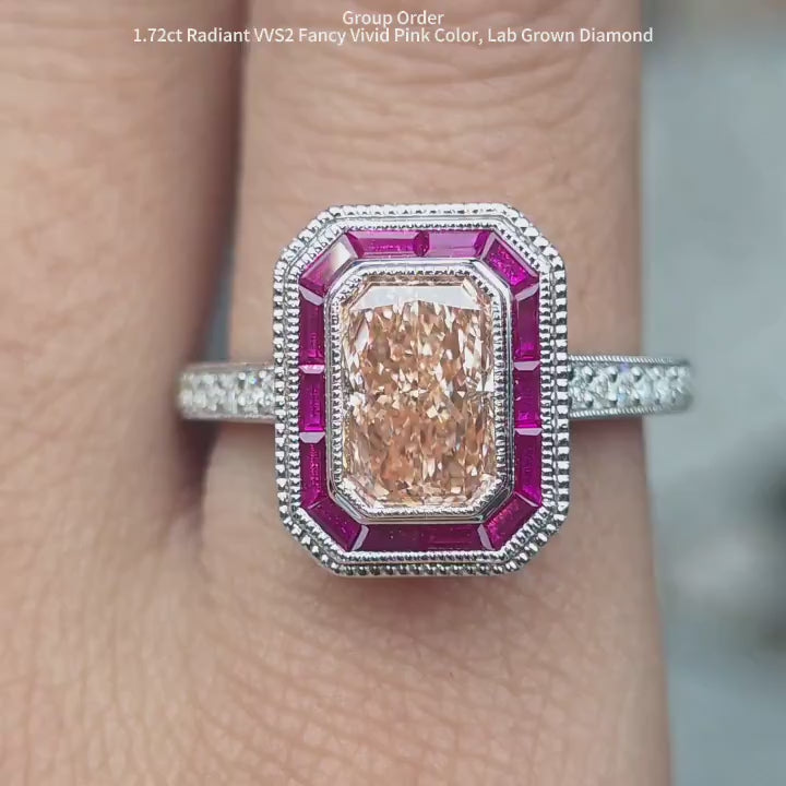 DovEggs radiant halo bezel vintage pink lab diamond engagement ring video