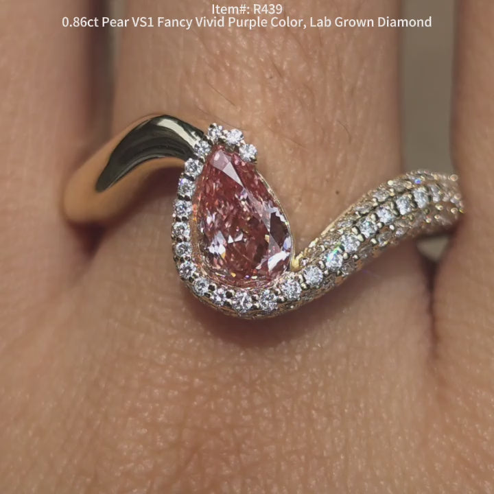 DovEggs 0.86ct Pear Shaped Lab Grown Diamond Ring – Fancy Vivid Purple Lab Diamond Pave Engagement Ring for Women
