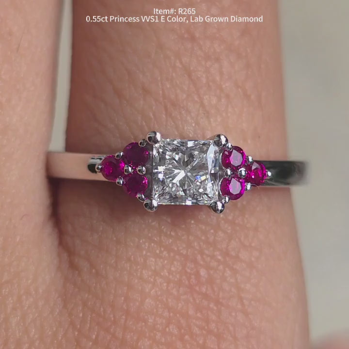 DovEggs princess lab diamond with ruby side stones engagement ring video