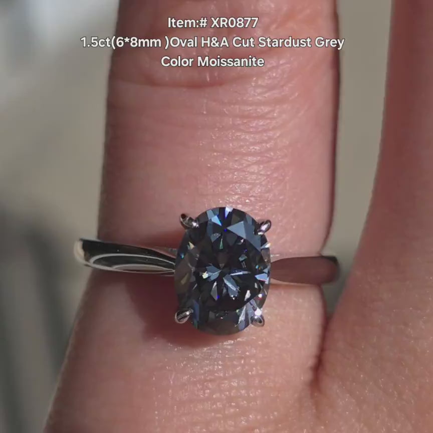 DovEggs solitaire oval stardust grey moissanite engagement ring in sunlight video