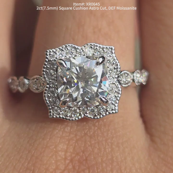 DovEggs DEF color Sqaure Cushion moissanite engagement ring sparkling in sunlight video